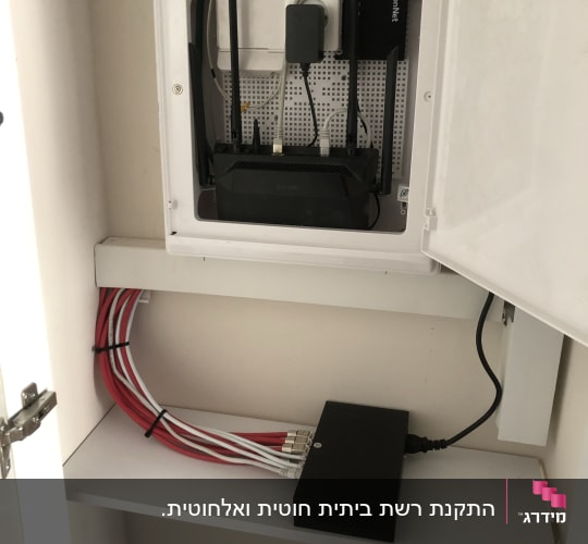 ארון תקשורת עם נתבים וכבלים אדומים ולבנים